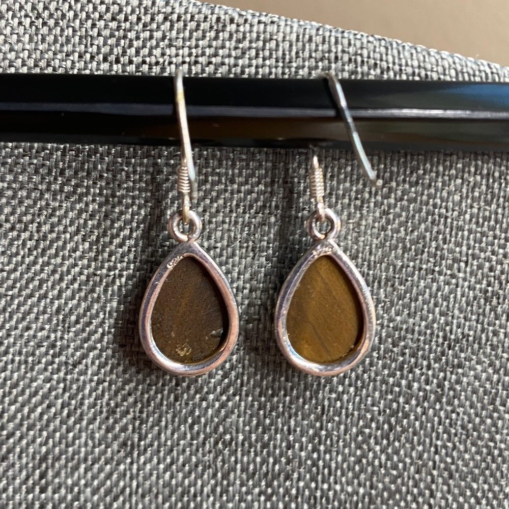 Vintage Carved Tiger’s Eye Teardrop Earrings 925 Sterling Silver Dangle - Picture 3 of 5